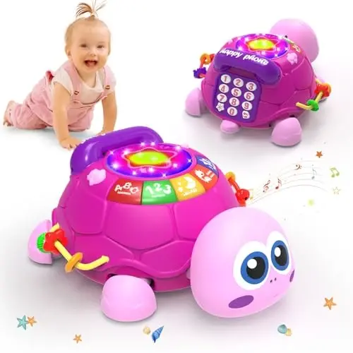 Hanayo Baby Musical Turtle Crawling Girl Toys for 6-18 Months，Infant Early Learning Educational Toy，Baby Girl Gift Essentials for Newborn 7 8 9 11+ Months 1-2 Year Old(Pink) - 5