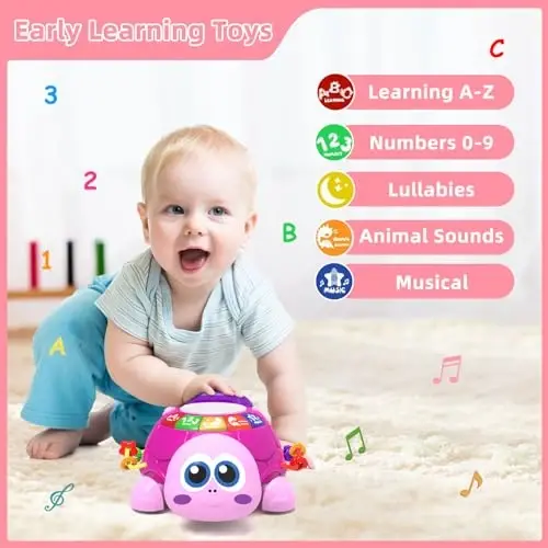 Hanayo Baby Musical Turtle Crawling Girl Toys for 6-18 Months，Infant Early Learning Educational Toy，Baby Girl Gift Essentials for Newborn 7 8 9 11+ Months 1-2 Year Old(Pink) - 2