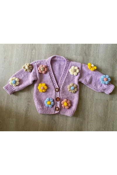 Hand-Knit Baby Cardigan with Daisies Lilac - HOBIHANEM TUHAFIYE