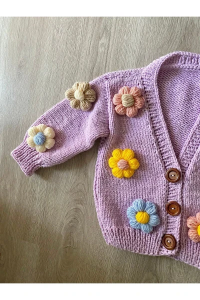 Hand-Knit Baby Cardigan with Daisies Lilac - HOBIHANEM TUHAFIYE (1)