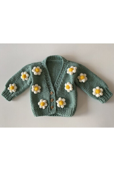 Hand-Knit Daisy Baby Cardigan Mint 