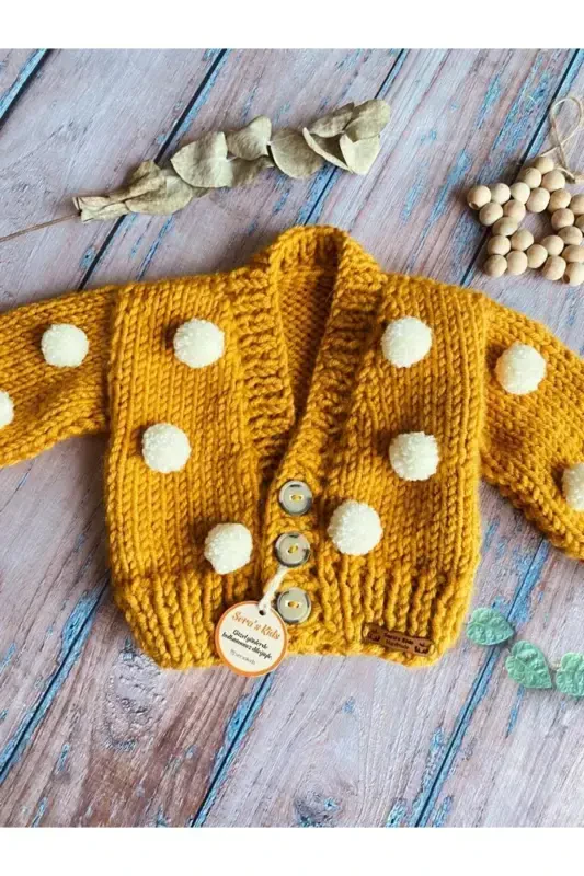 Hand-Knit Mustard Yellow Pom-Pom Baby Crop Cardigan - 2