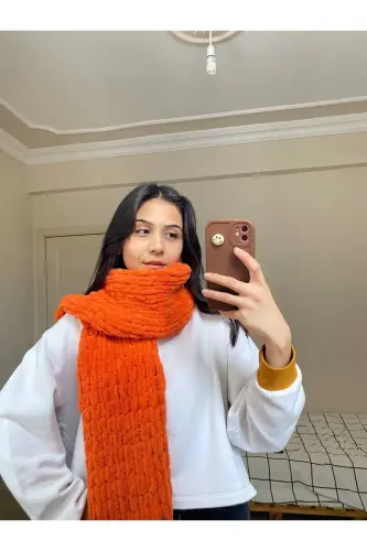 Hand Knit Puffy Scarf Shawl - orange - 1