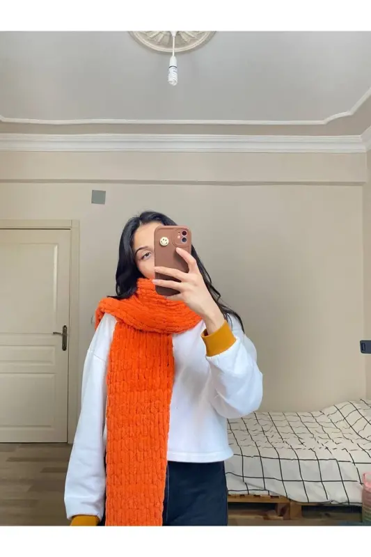 Hand Knit Puffy Scarf Shawl - orange - 3