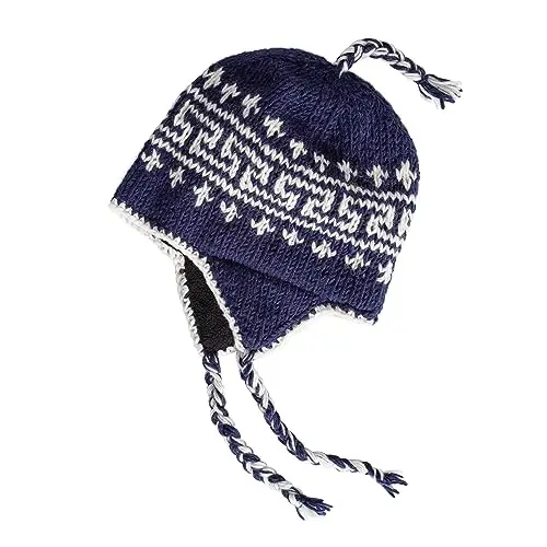 Hand Knit Sherpa Wool Hat with Micro Fleece Lining and Ear Flaps, Handmade Winter Toque, Christmas Beanie, Made in Nepal - 1