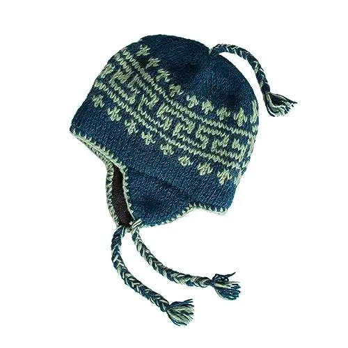 Hand Knit Sherpa Wool Hat with Micro Fleece Lining and Ear Flaps, Handmade Winter Toque, Christmas Beanie, Made in Nepal - 1