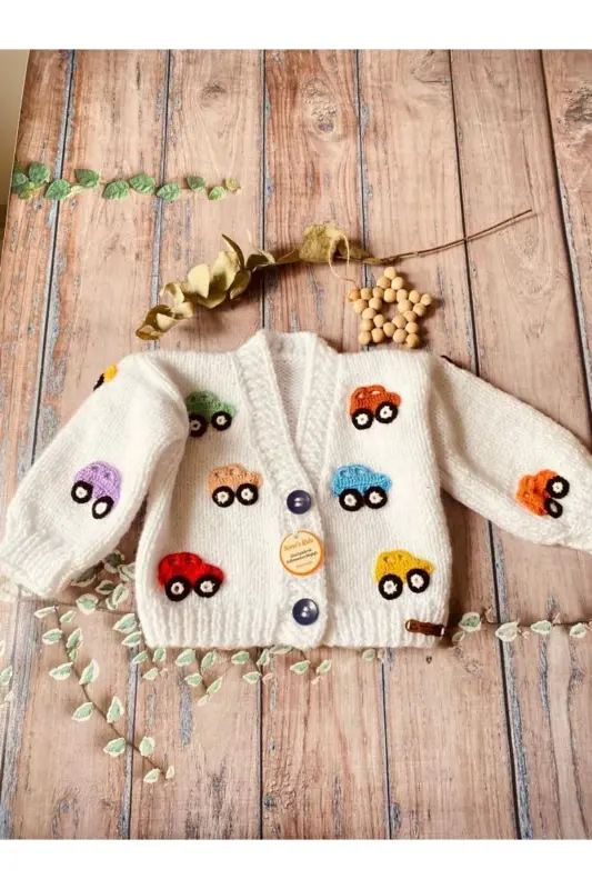 Hand-Knit White Car Pattern Baby Boy Cardigan - 3