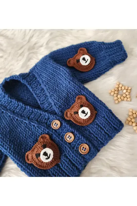 Hand Knitted Bear Baby Boy, Kids Cardigan-BLUE - 1
