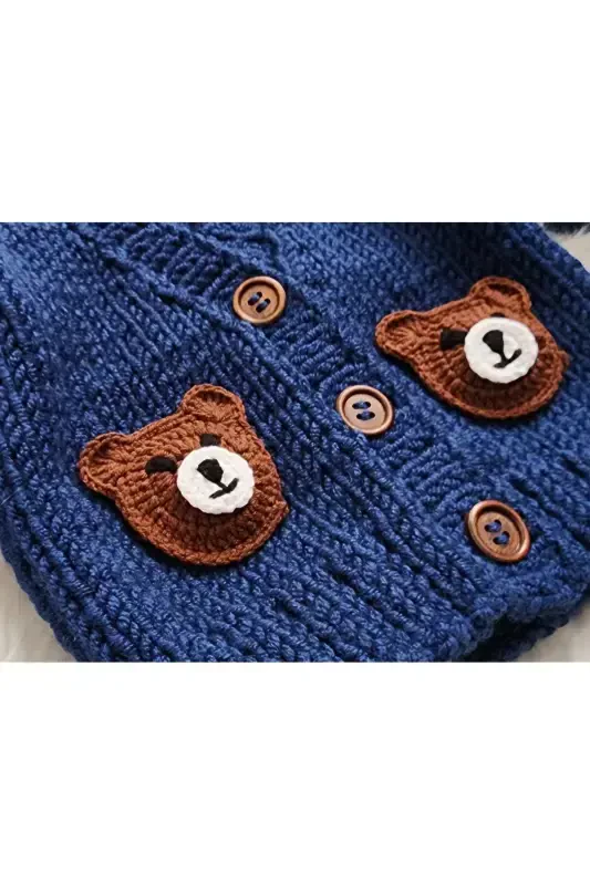 Hand Knitted Bear Baby Boy, Kids Cardigan-BLUE - 2