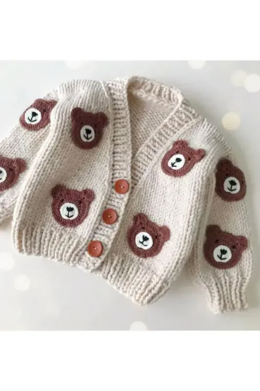 Hand Knitted Bear Baby Boy, Kid's Cardigan-CREAM - EL ÖRGÜSÜ