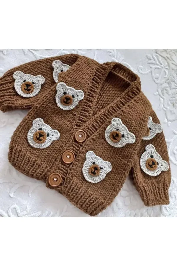 Hand knitted bear baby sweater - 2