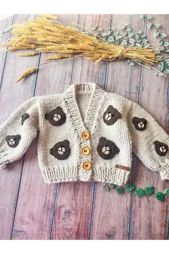 Hand-Knitted Bear Patterned Beige Baby Cardigan - 1