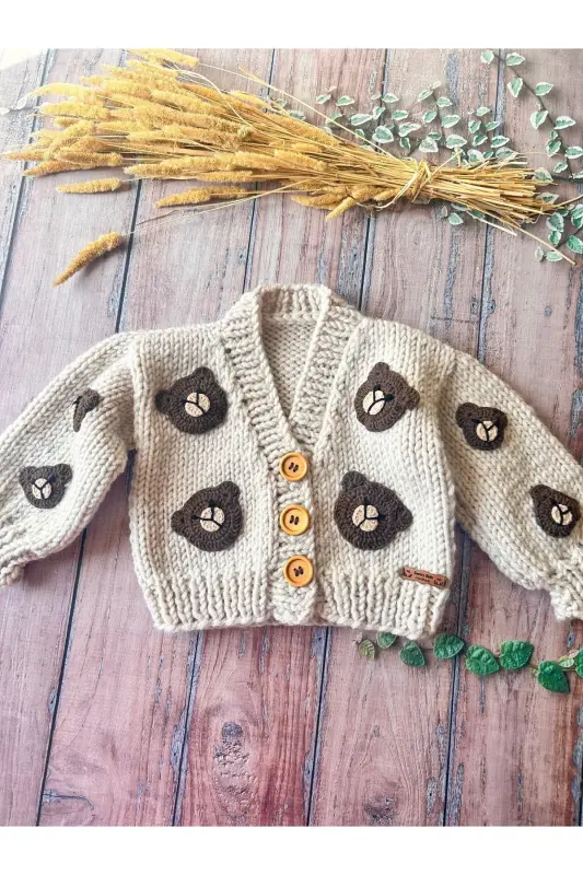 Hand-Knitted Bear Patterned Beige Baby Cardigan - 1