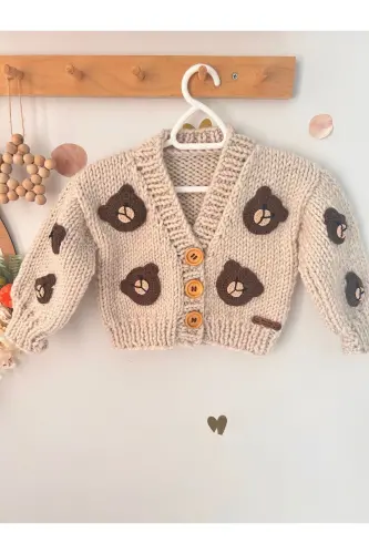 Hand-Knitted Bear Patterned Beige Baby Cardigan - 3