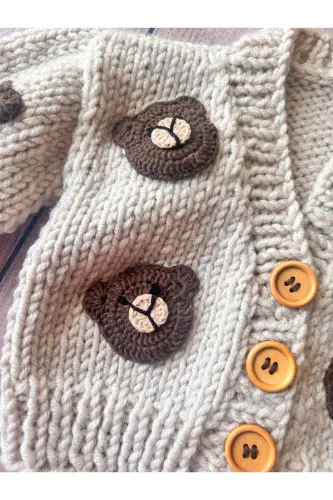 Hand-Knitted Bear Patterned Beige Baby Cardigan - 4