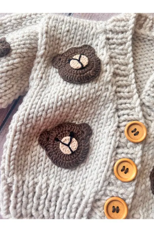 Hand-Knitted Bear Patterned Beige Baby Cardigan - 4