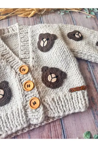 Hand-Knitted Bear Patterned Beige Baby Cardigan - 5