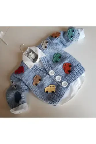 Hand Knitted Car Baby Kid Cardigan-BLUE - 1