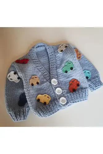 Hand Knitted Car Baby Kid Cardigan-BLUE - EL ÖRGÜSÜ (1)