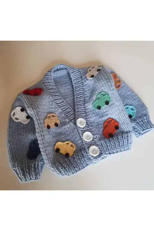 Hand Knitted Car Baby Kid Cardigan-BLUE - 2