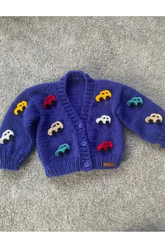 Hand Knitted Car Baby Kids Cardigan-PURPLE - 2