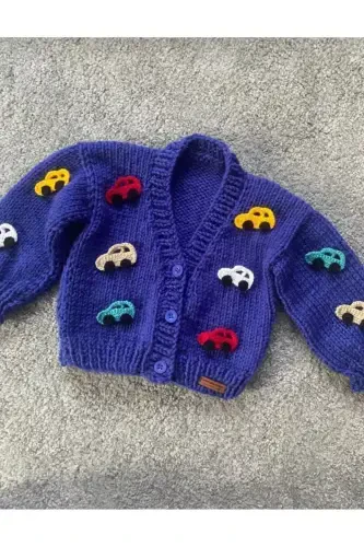 Hand Knitted Car Baby Kids Cardigan-PURPLE - 3