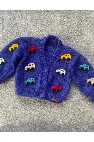 Hand Knitted Car Baby Kids Cardigan - PURPLE - 3