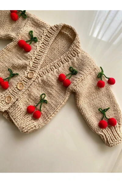 Hand-Knitted Cherry Baby Cardigan - HOBIHANEM TUHAFIYE