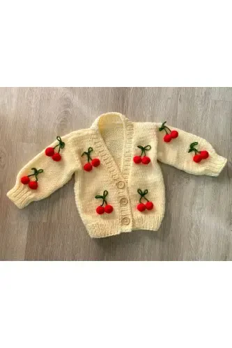 Hand Knitted Cherry Baby Cardigan-Cherry Cream - HOBIHANEM TUHAFIYE (1)