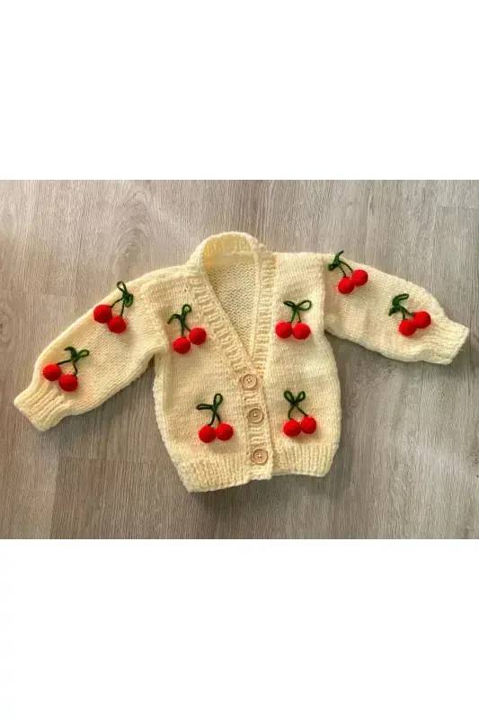 Hand Knitted Cherry Baby Cardigan-Cherry Cream - 2