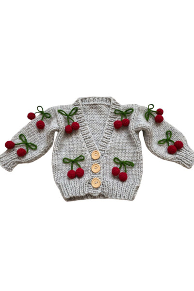 Hand knitted cherry patterned baby girl cardigan - 1