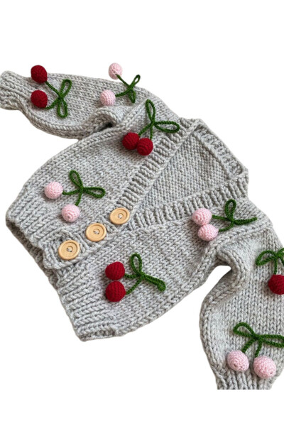 Hand knitted cherry patterned baby girl cardigan - 3