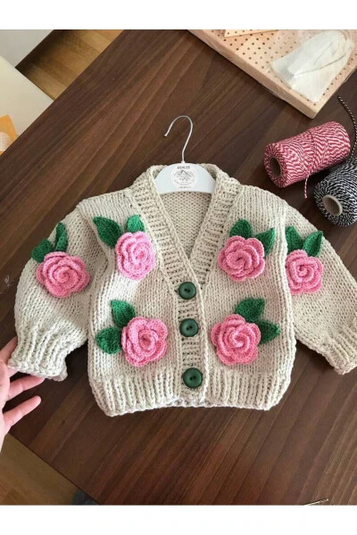 Hand knitted children's cardigan with rose details. - EL ÖRGÜSÜ