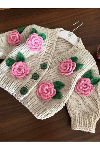 Hand knitted children's cardigan with rose details. - EL ÖRGÜSÜ (1)