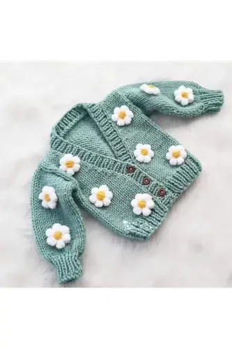 Hand Knitted Daisy Baby Cardigan-Mint Green - 1