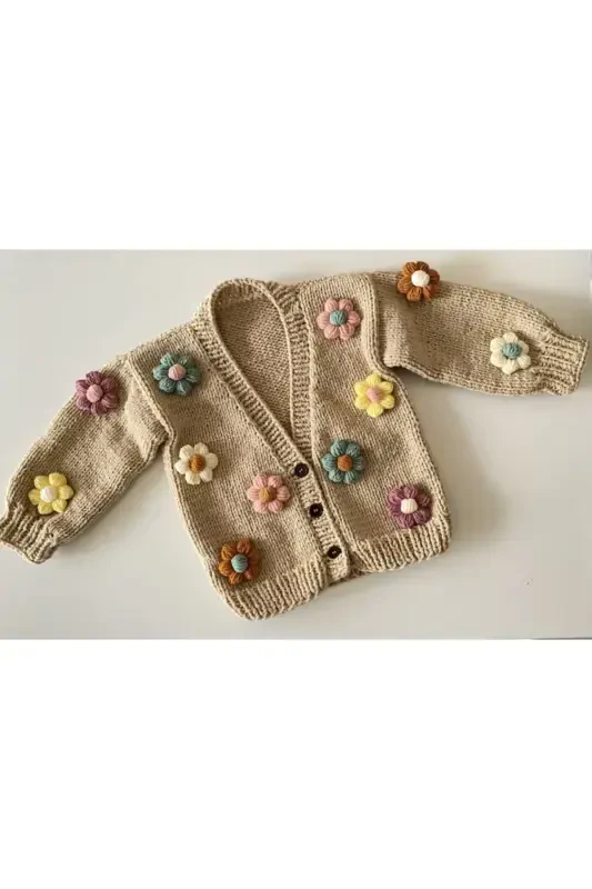 Hand Knitted Daisy Baby Cardigan-Nude - 1