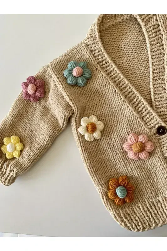 Hand Knitted Daisy Baby Cardigan-Nude - 2