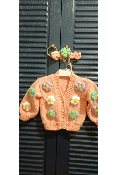 Hand Knitted Floral Baby Cardigan - 3