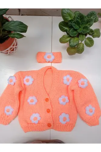 Hand-knitted Floral Baby Cardigan - Peach - 4