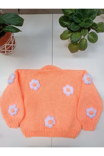 Hand-knitted Floral Baby Cardigan - Peach - 5