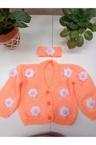 Hand-knitted Floral Baby Cardigan - Peach - 7
