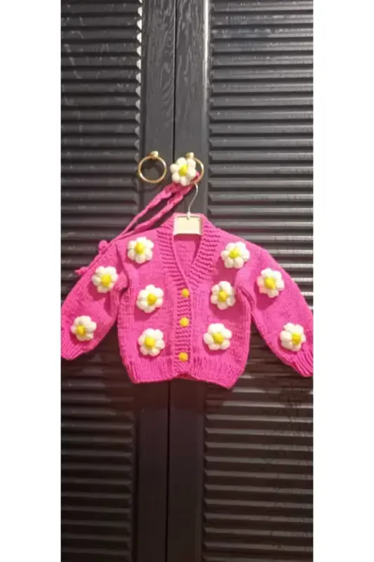 Hand Knitted Floral Girl Cardigan-FUCHSIA - 1