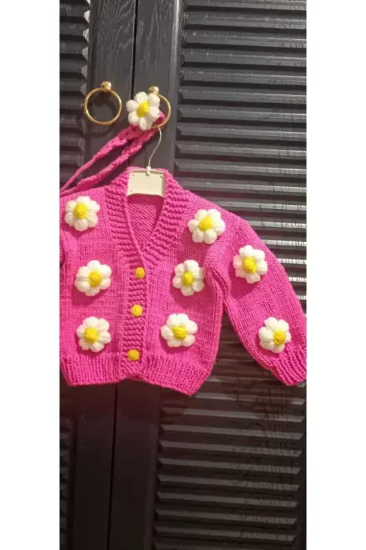 Hand Knitted Floral Girl Cardigan-FUCHSIA - 2