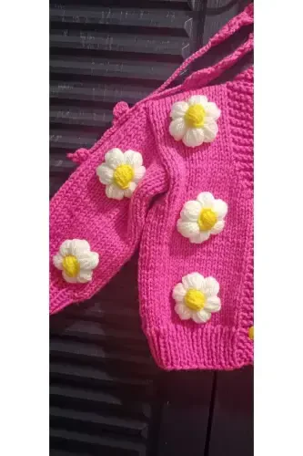 Hand Knitted Floral Girl Cardigan-FUCHSIA - 3