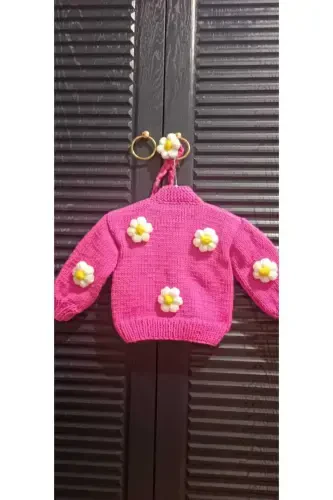 Hand Knitted Floral Girl Cardigan-FUCHSIA - 4