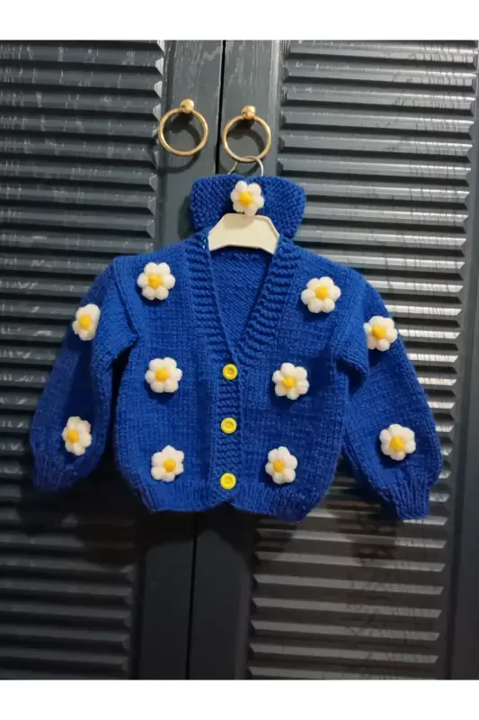 Hand Knitted Floral Girl Cardigan-PARLIAMENT BLUE - 1