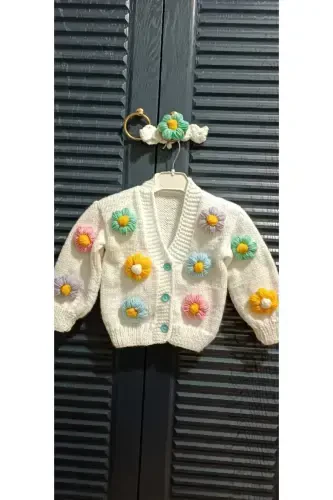 Hand Knitted Floral Girl Cardigan-SNOW WHITE - 1