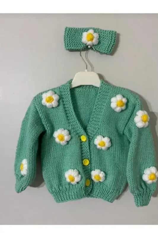 Hand Knitted Floral Green Girl Cardigan-GREEN - EL ÖRGÜSÜ CİCİ BEBE
