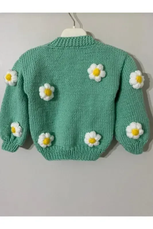 Hand Knitted Floral Green Girl Cardigan-GREEN - 2