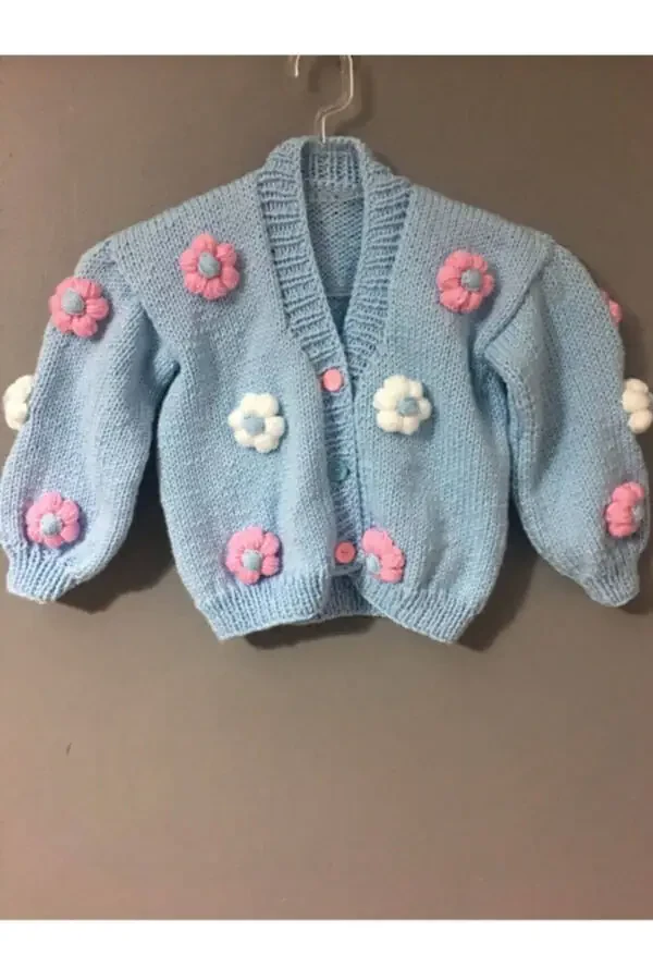 Hand-Knitted Flowery Cardigan for Baby Girl - 1
